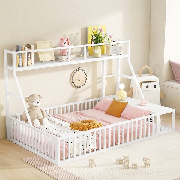 slide 2 of 15, Stylish Full Floor Bed with Safety Fence, Desk and Storage for Kids White