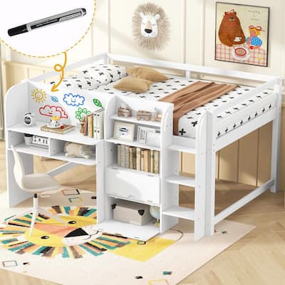 Full Size Low Loft Bed with Built-in Desk, Storage Cabinets, Open Bookcase, and Whiteboard for Graffiti