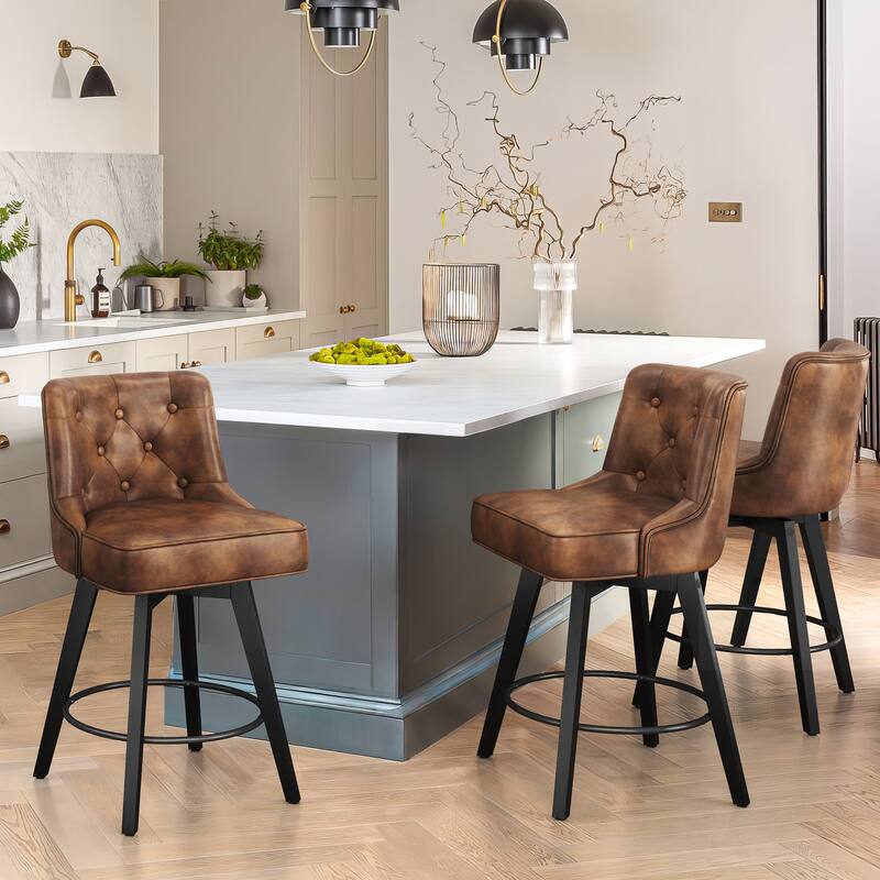 Modern 26 in. Counter Height Stool Upholstered Set of 3 Free Swivel Bar Stools with Back - Brown/Faux Leather - Counter Height