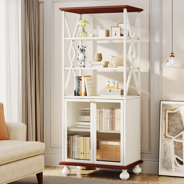 Tall Bookcase Bookshelf with Acrylic Doors, Open Shelves, and Solid
