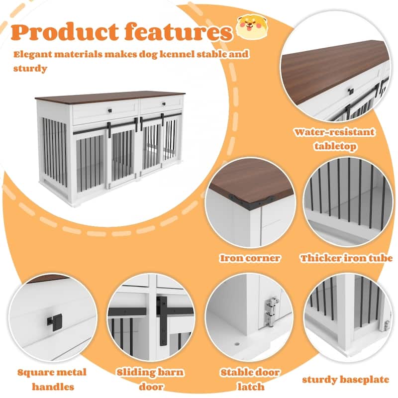 Large Dog Crate Furniture for 2 Dogs, Wooden Dog Kennel with 2 Drawers, Divider & Sliding Door, Indoor Dog Crate End Table