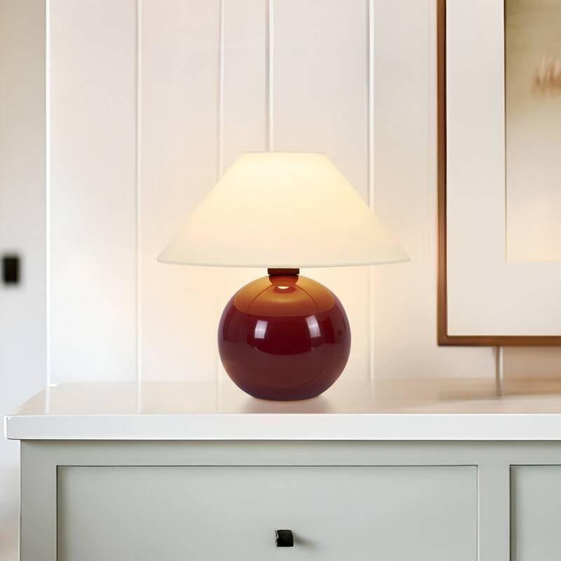 Brightech Fiona LED Glossy Red Ceramic Midcentury Round Globe Bedside Nightstand Desk Lamp with Cream Cotton Empire Shade