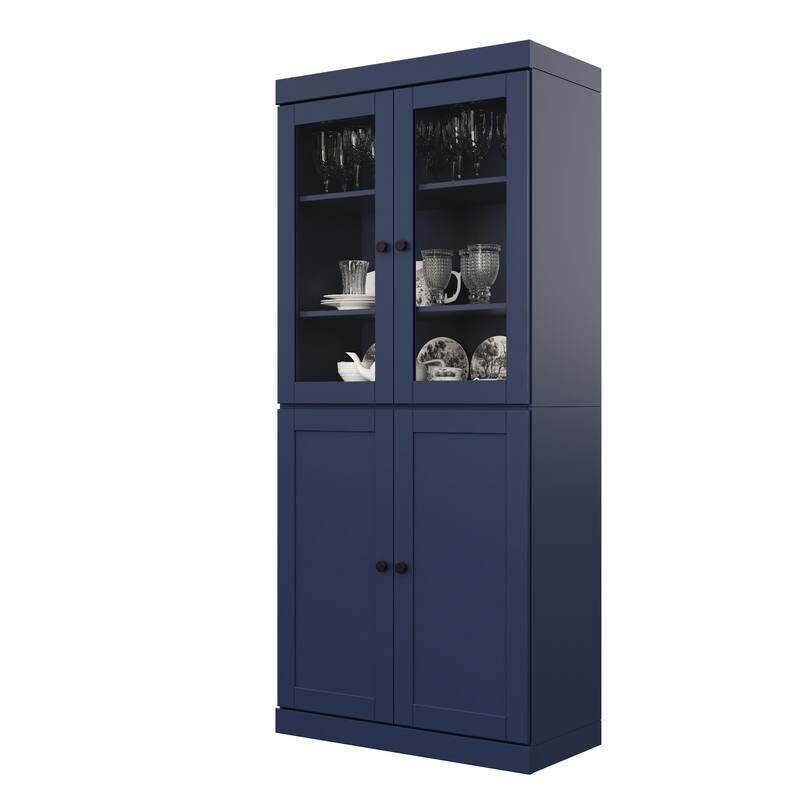 Palace Imports 100% Solid Wood 32" Pantry Cabinet with Clear Glass, Shaker Doors, 2-Drawers and Adjustable Shelves