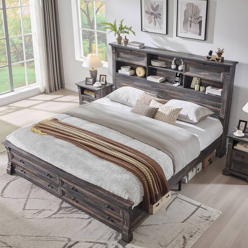Farmhouse Queen Size Bed Frame with 54" Tall Bookcase Headboard - Dark Rustic Oak