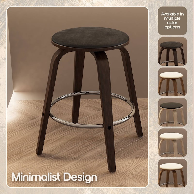 Leather Counter Stool Swivel Round Seat Poplar Wood Frame Iron Foot Rest