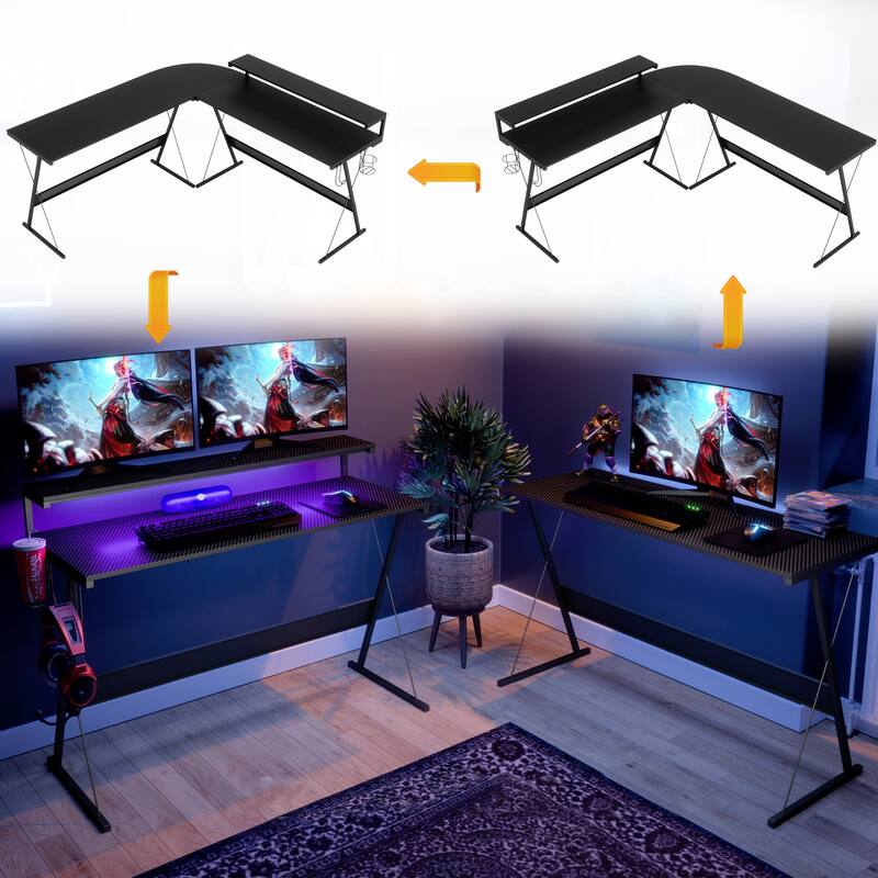 55 Inch Gaming Desk LED L Shaped Computer Corner Desk