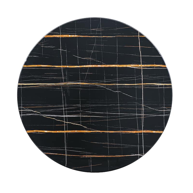Black Marble Printed MDF Round Dining Table, Black Columnar Base with Gold Annulus(Not Including Chairs)
