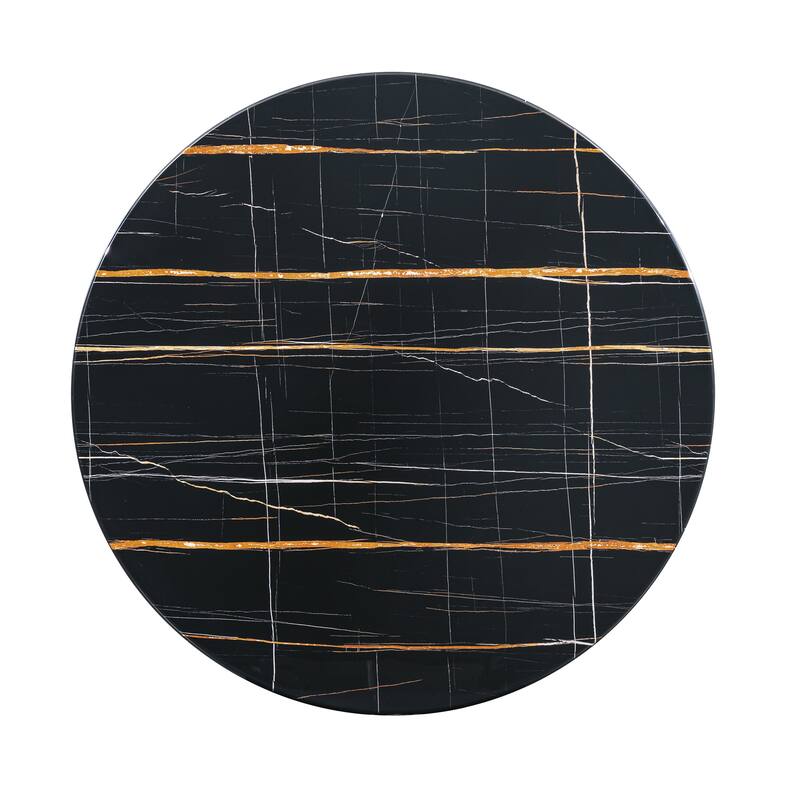 Marble Printed MDF Round Dining Table, Black Columnar Base with Gold Annulus(Not Including Chairs)