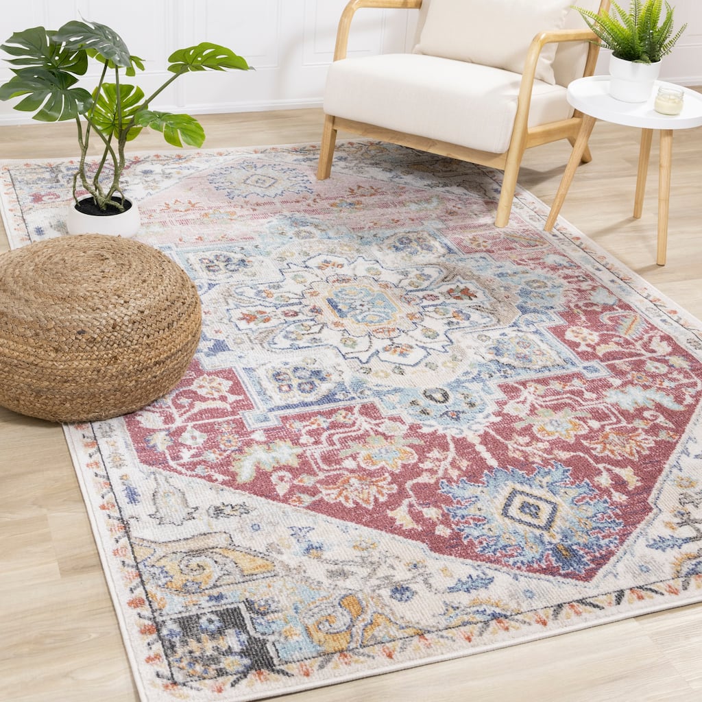 Fitzgerald Collection - Pink/Blue/Cream Distressed Traditional Rug