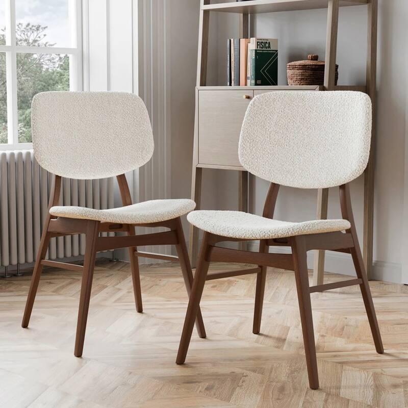 Set of 2 Boucle Upholstered Dining Chairs with Padded Back and Seat in Walnut and Beige