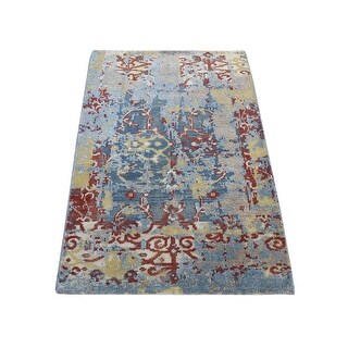 Shahbanu Rugs Prussian Blue, Erased Design, Hand Knotted, Silk with ...