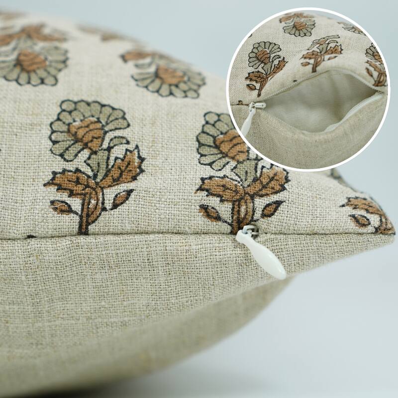 Fabdivine Soft Gray Pure Linen 16x16 Inch Sustainable Block Print Cushion Cover for Sofa, Chair or Fall Home Accent, Ashok