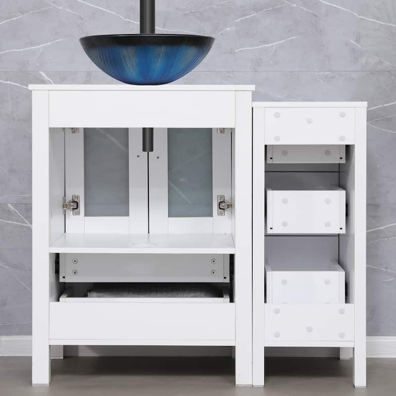 36" White Bathroom Vanity Sink Set with Side Cabinet Vessel Sink Faucet Combo