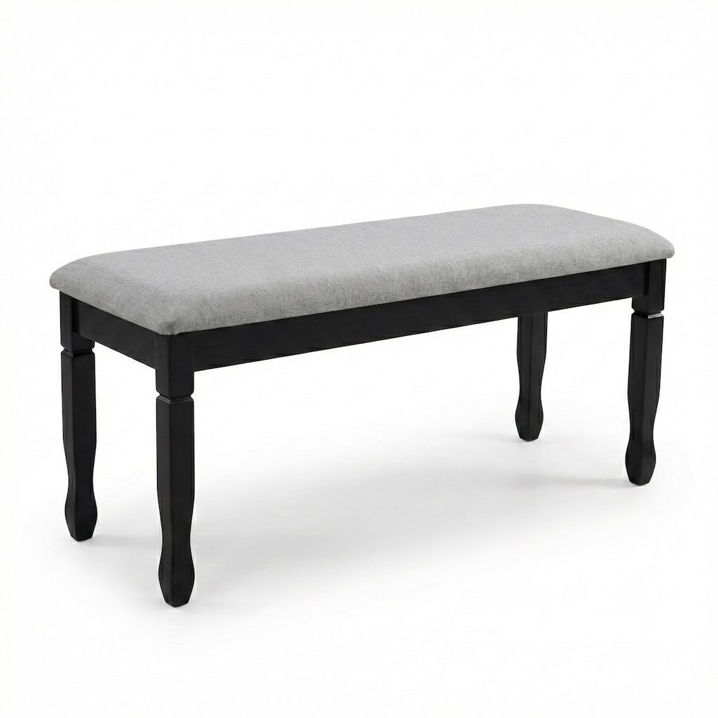 Modern Grey Upholstered Dining Bench, Black Finish Solid Rubberwood