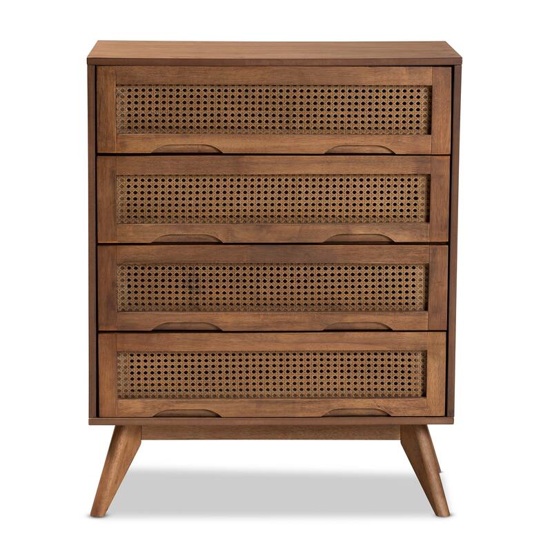 Barrett Mid-Century Modern Wood and Rattan Chest in Walnut Brown Color