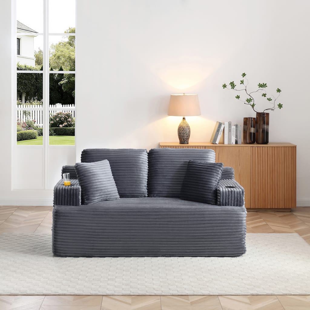 66.5'' Boneless Sofa Couch with 2 Pillows, Gray 2 Seater Sofa Couch Upholstered Loveseat with Side Pocket