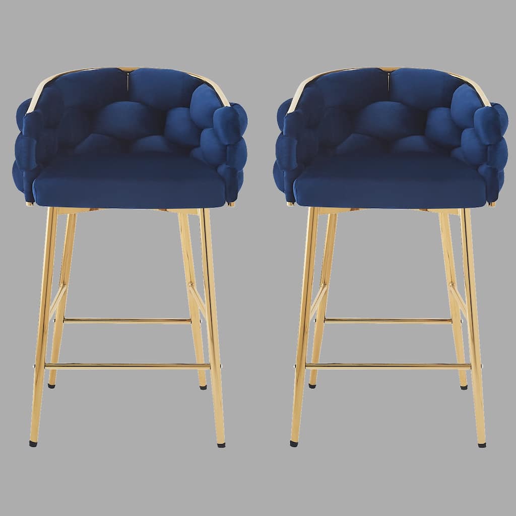 Modern 28" Counter Stools Set of 2, Dark Blue Velvet Upholstery with Iron Frame, Comfortable Back and Cushion