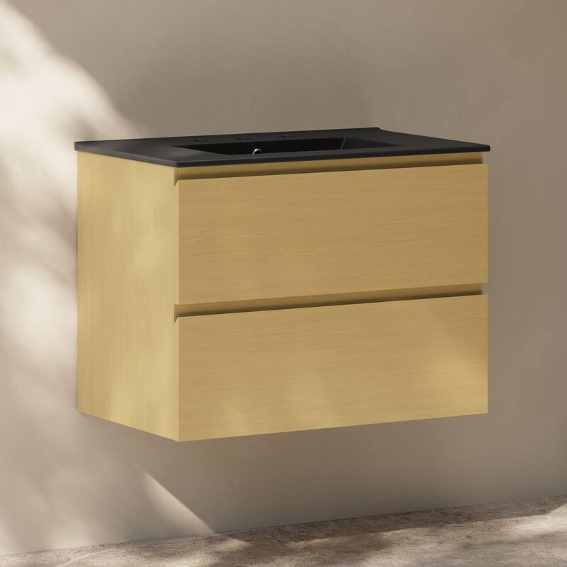 Liberte 30" Wall-Mounted Bathroom Vanity In Natural Oak With Black 3-Hole Widespread Sink Top - 30
