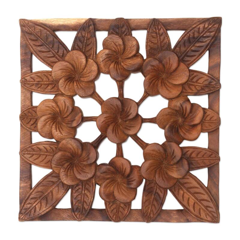 Handmade Interconnected Jepun Wood Relief Panel (Indonesia) - 11.75" L x 11.75" W x 0.8" D