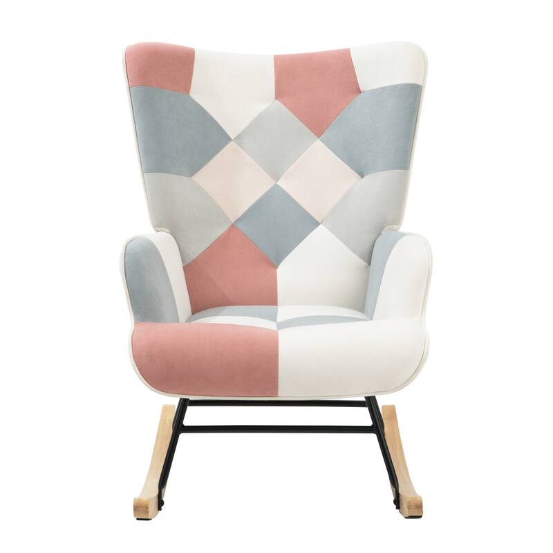 Patchwork Linen Rocking Chair with ottoman Wood Legs
