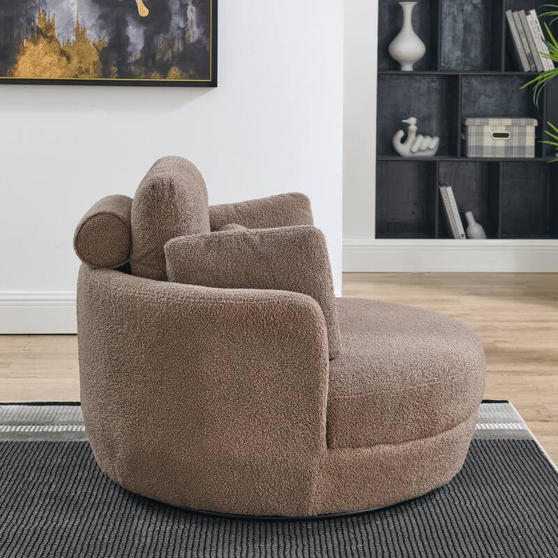 Oversized Teddy Fabric Swivel Barrel Chair with Moon Ottoman & 4 Pillows