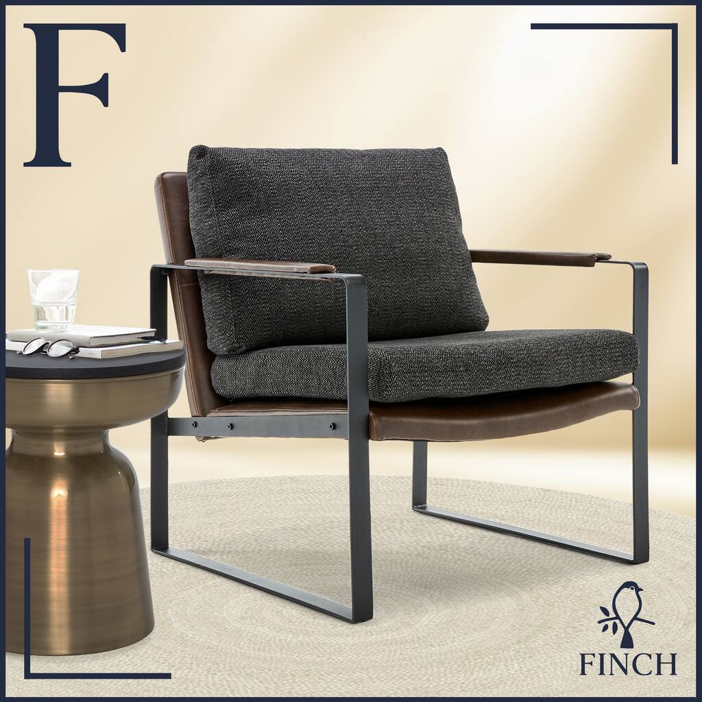Finch Everett Faux Leather Accent Chair, Square Metal Frame, Removable Covers