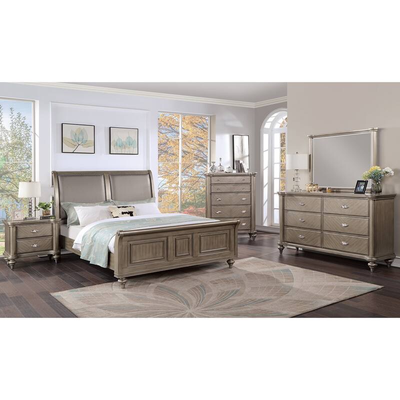 Wooden Bed with Upholstered Headboard in Antique Silver