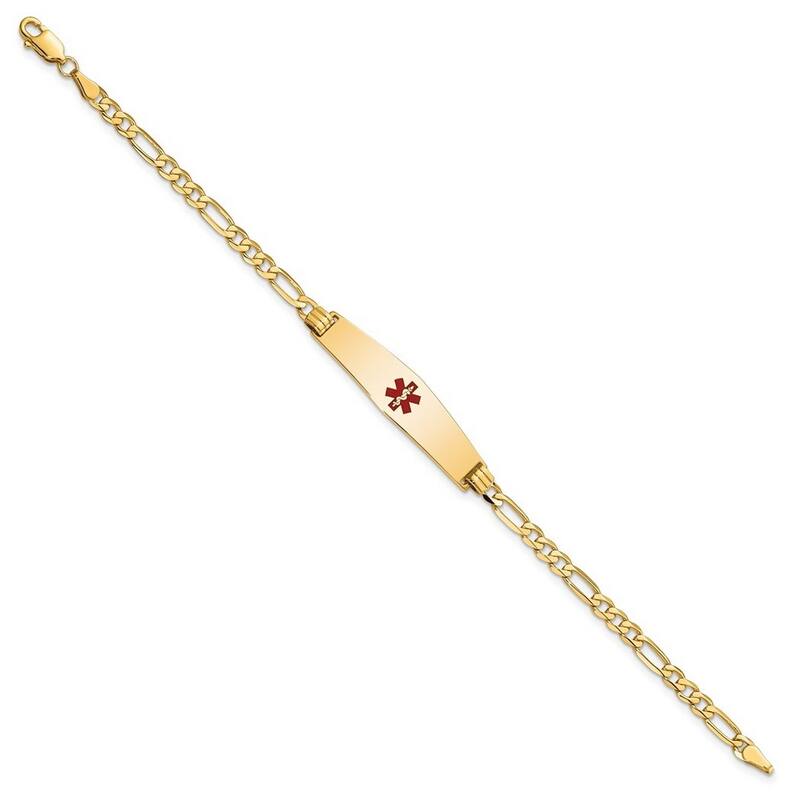 Curata 8.5mm 14k Engravable Medical Soft Diamond Shape Red Enamel Flat Figaro Link ID Bracelet