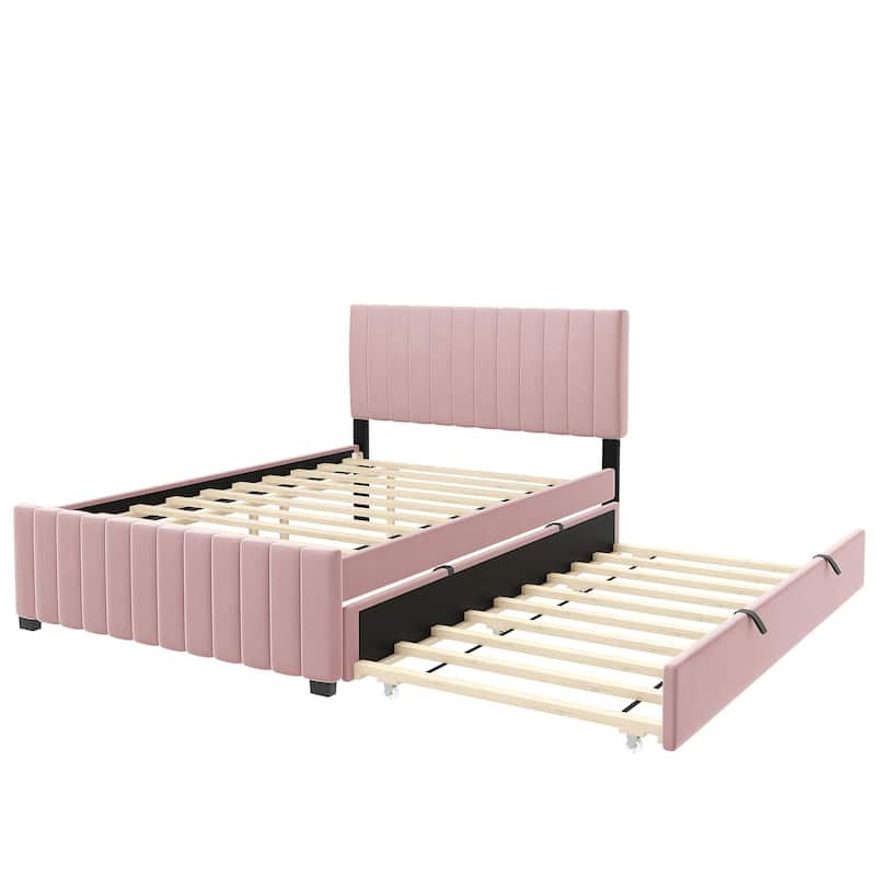 Full Size Platform Bed Stylish Velvet Upholstered Bed Frame with Headboard and Footboard & Pull Out Twin Size Trundle