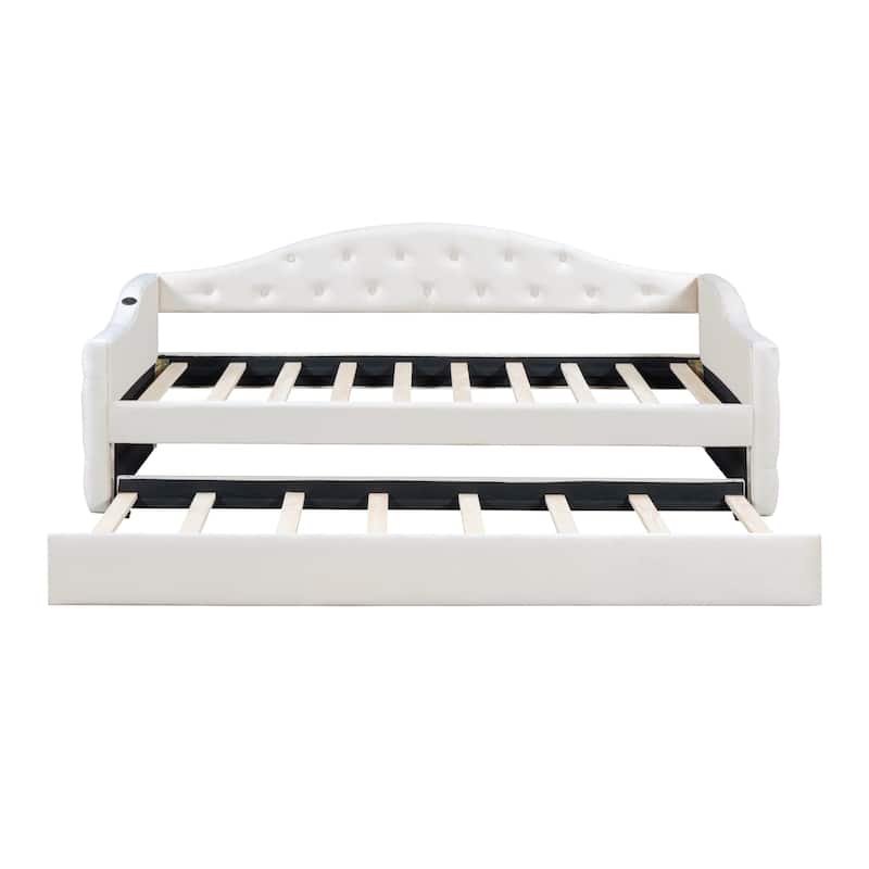 Beige Twin Tufted Velvet Daybed with Trundle & Type-C Charging