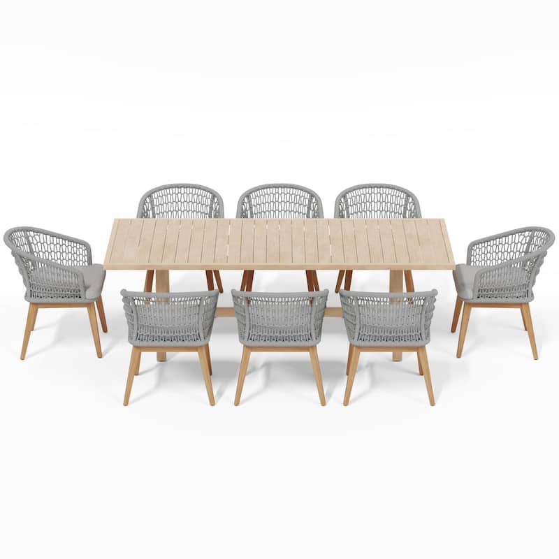 Outdoor 9-Piece Woven Rope Dining Chair and Wood Table Set