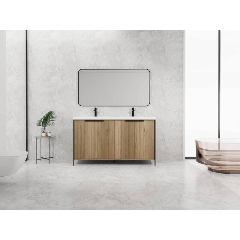 59-inch Double Sink Bathroom Vanity with Adjustable Shelves, Soft-Close Hinges, Resin Basin