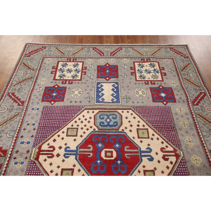 Geometric Gray Kazak Oriental Area Rug Handmade Wool Carpet - 6'4" x 9'0"