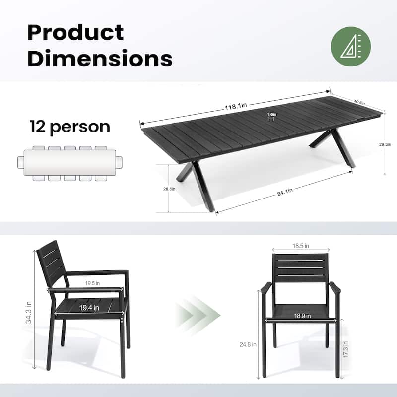 Pellebant 13PC Aluminum X Frame Outdoor Patio Dining Set Table with Stackable Armchairs