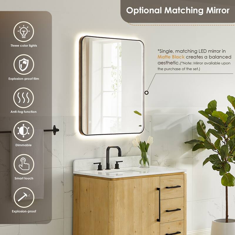 Serene Bathroom Vanity in Nature Brown with Grain White Engineered Stone Countertop with Mirror