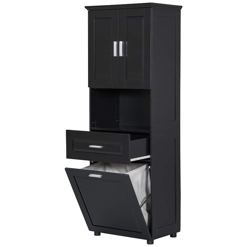Roomfitters Tall Bathroom Cabinet with Tilt-Out Laundry Basket and Upper Storage Compartment Large Organizer