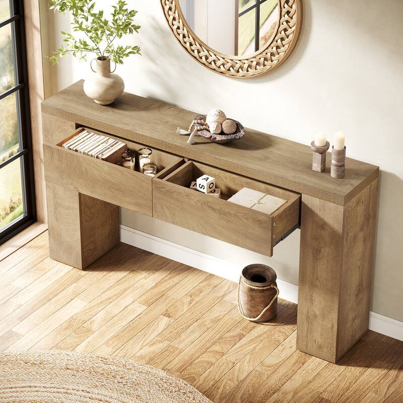 63" Wood Console Table With Drawers, Rustic Brown Sofa Console Table