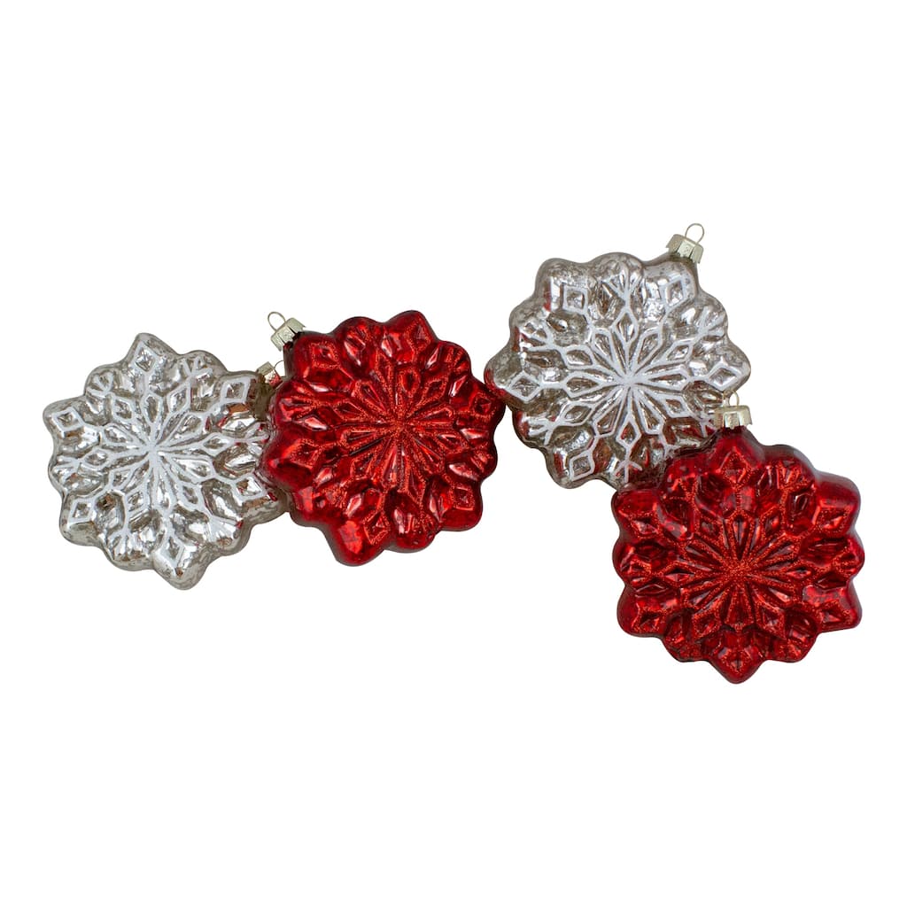 4ct Red and Silver Glass Snowflake Hanging Christmas Decorations 3.75-Inch (100mm) - 3.75"