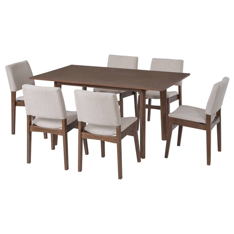 Roomfitters 7-Piece Modern Dining Set, Rectangular Kitchen Table with 6 Upholstered Chairs, Solid Wood Frame