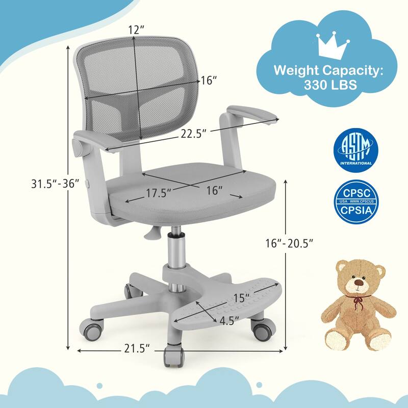 Height Adjustable Children Desk Chair with Swivel Base and Lumbar Support Smooth Wheels - 22.5" x 21.5" x 31.5"-36"