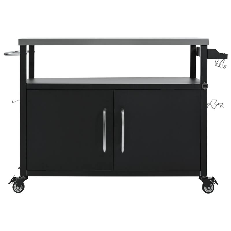 Metal Kitchen Island with Stainless Steel Tabletop, Rolling Spice Storage Cabinet w/Towel Rack and 4 Lockable Wheels for Kitchen