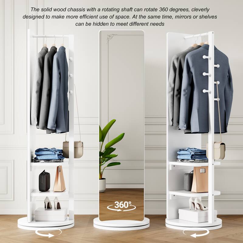 360° Rotating 69"x16" Multifunctional Full Length Mirror with Hook Storage Rack Coat Rack with Mirror Solid Wood Floor Mirror