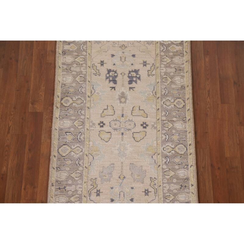 Hand Knotted Oriental 100% Wool Carpet Transitional Geometric Beige & Ivories Oushak Runner Rug - 9' 8'' X 2' 8''