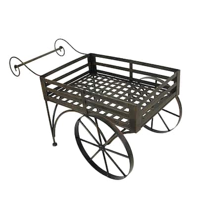 Zeckos 26 Inch Brown Metal Wagon Cart Plant Stand Indoor/ Outdoor - 14.75 X 25.5 X 14.25 inches