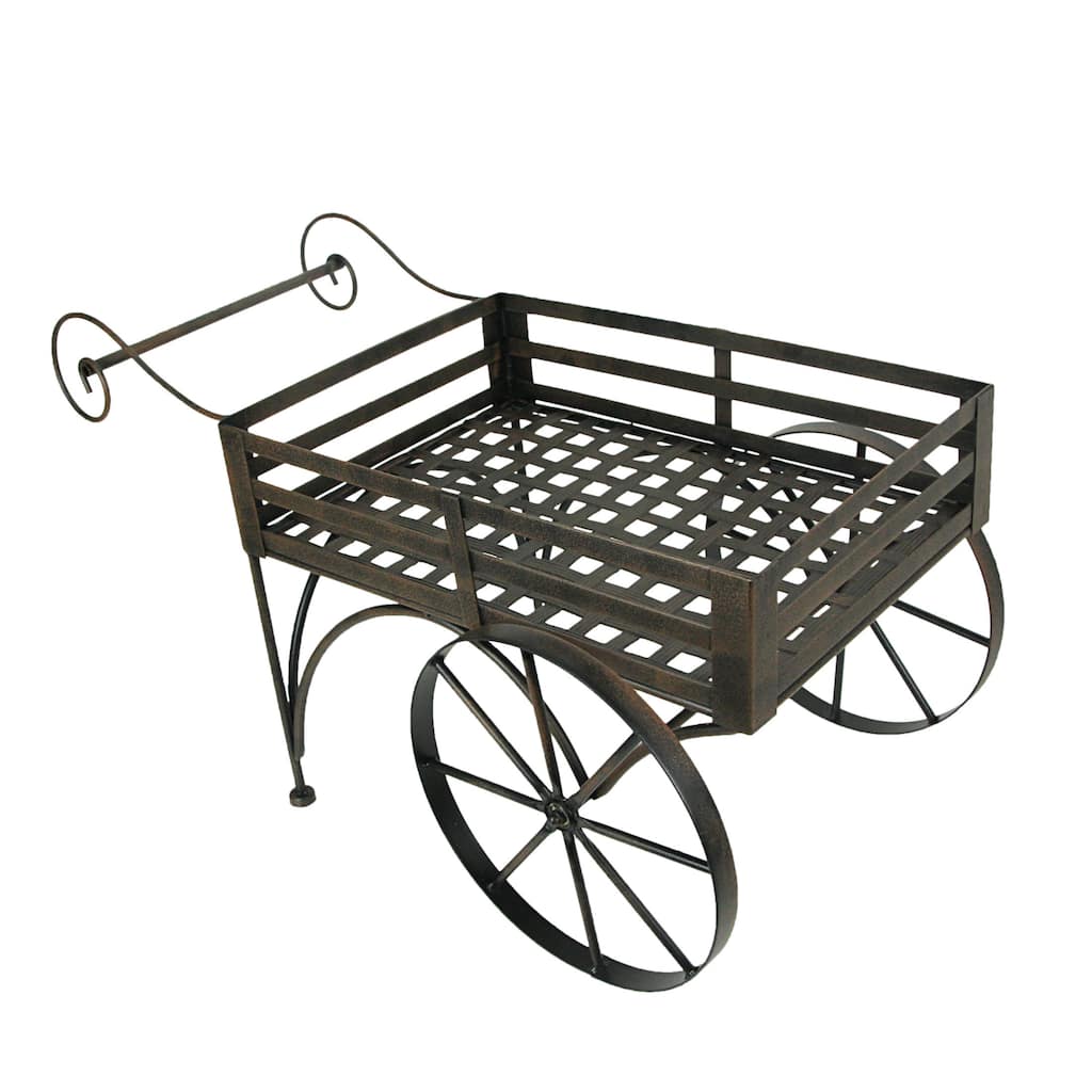 Zeckos 26 Inch Brown Metal Wagon Cart Plant Stand Indoor/ Outdoor - 14.75 X 25.5 X 14.25 inches