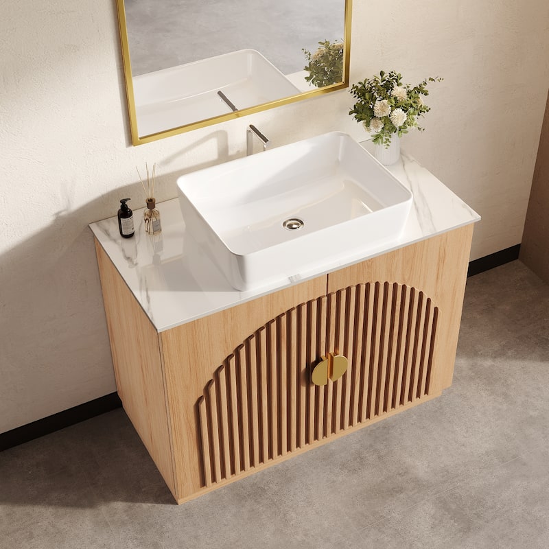 36" Mid - Century Modern Bathroom Vanity With Single Sink Grille Door & Gold Accents