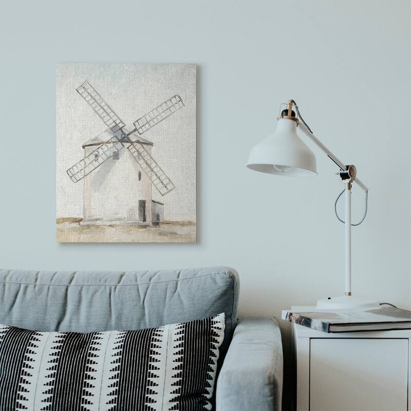 Stupell Windmill Farm Landscape Neutral Blue Brown Painting Canvas Wall Art