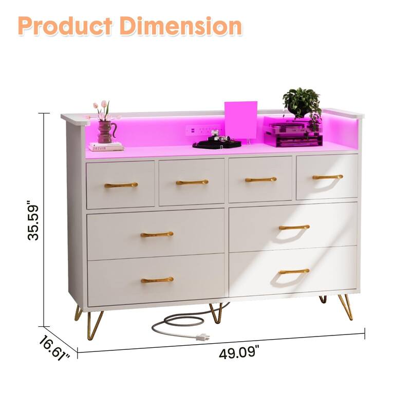 8 Drawer Wood Dresser, with Power Outlet and LED Lights