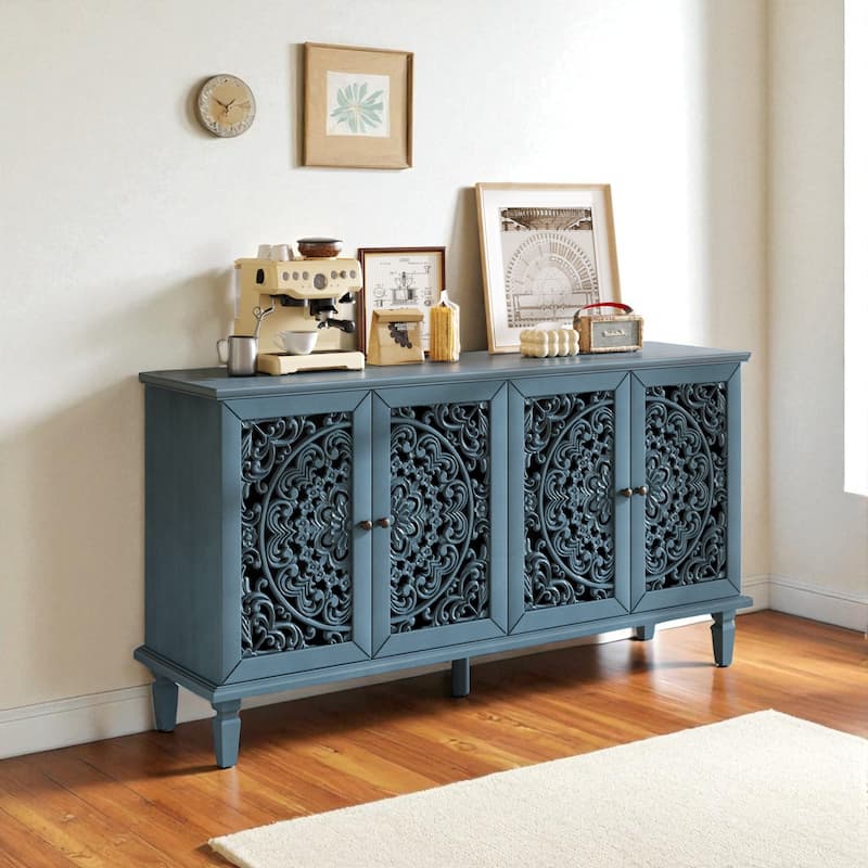 60" Antique Buffet Sideboard with Floral Carvings, Solid Wood Legs, Brass Handles & Adjustable Shelves, TV Stand up to 65"