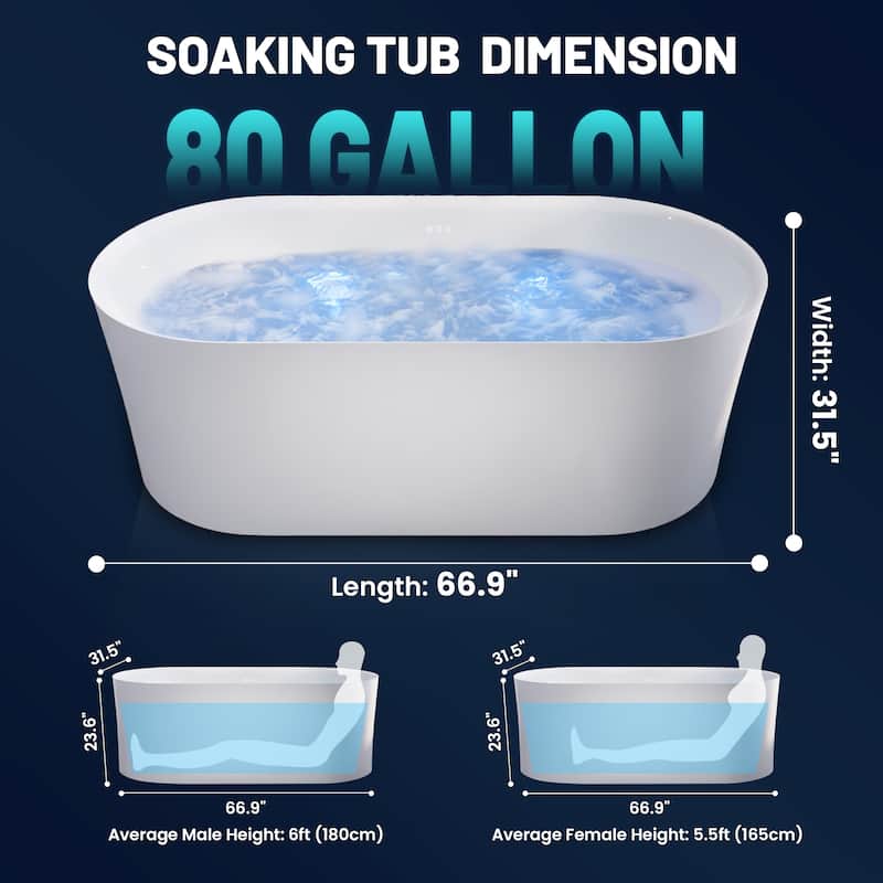 Jericho Series 67" Air Jetted Acrylic Freestanding Bathtub in Glossy White with Center Drain